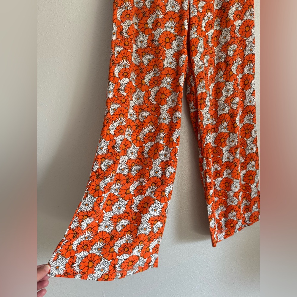 Topshop Orange Floral Daisy Wide Leg Pants Retro 70s Boho Trousers Size 4 - Picture 2 of 9